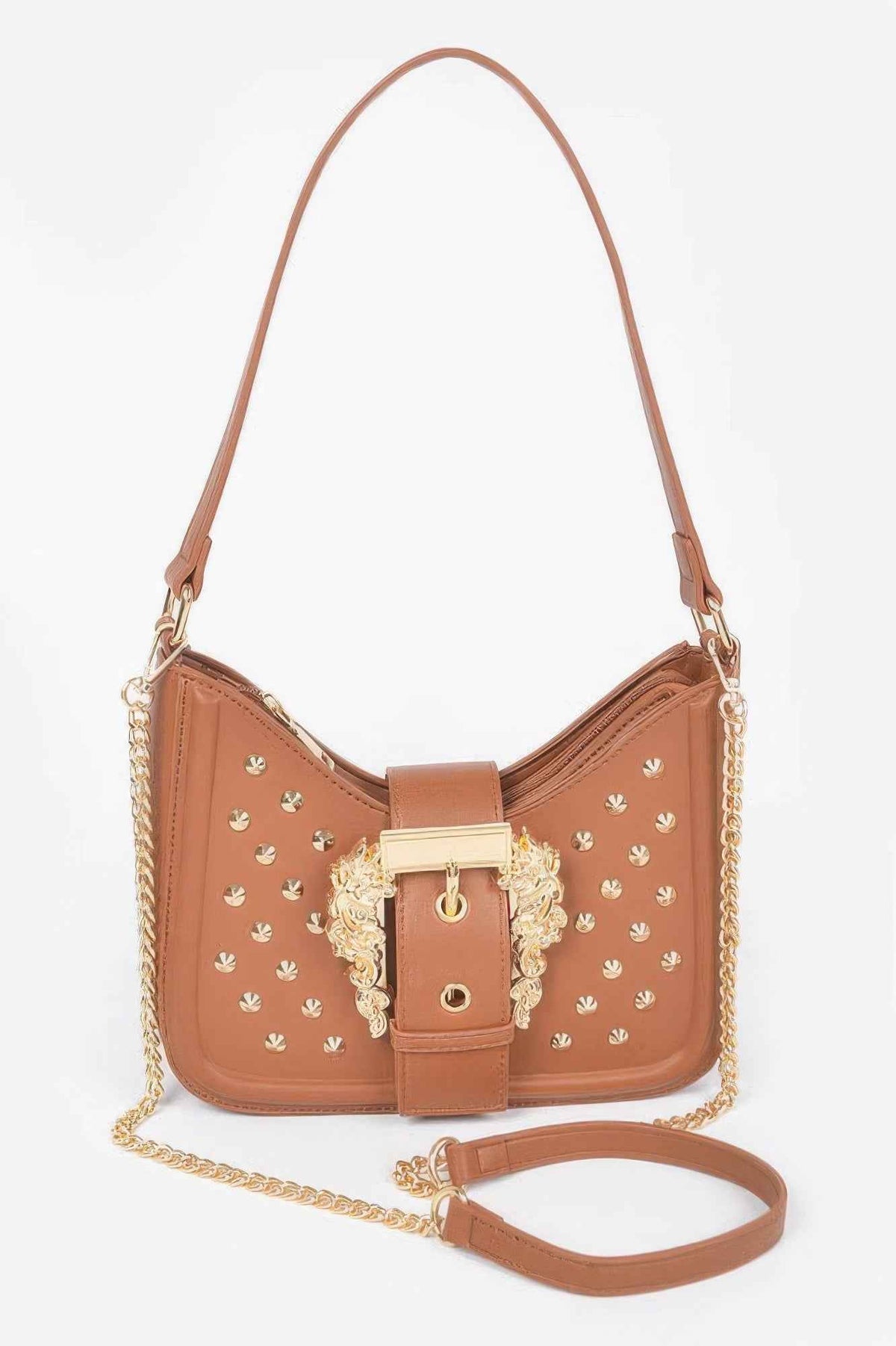 Faux Leather Studded Metal Buckle Shoulder Bag