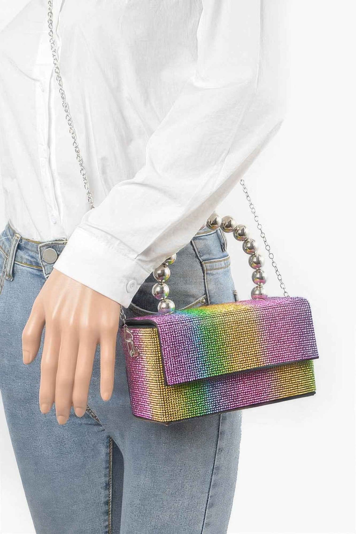 Rhinestone Ball Chain Handle Bag