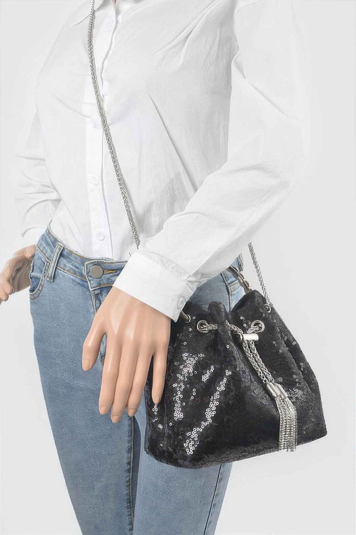 Sequins Bucket Bag W/stone Handle