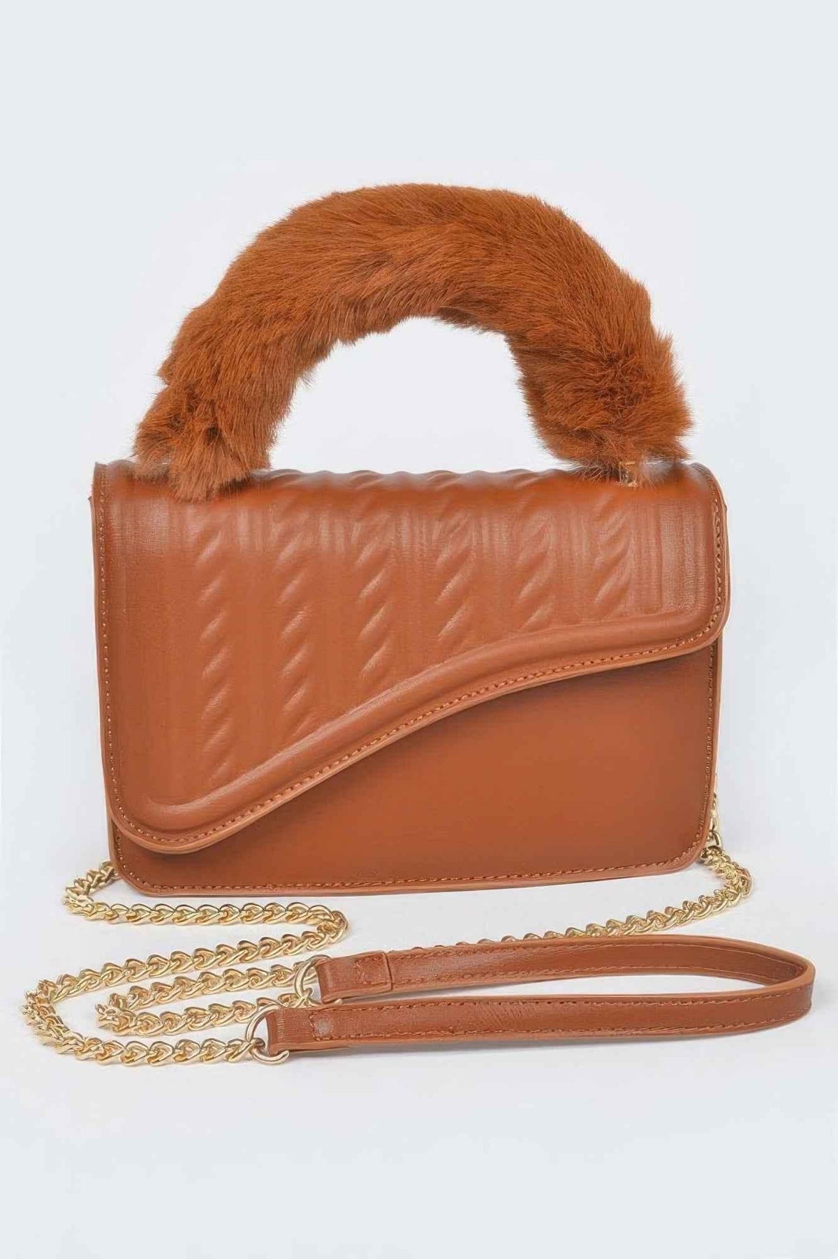 Furry Handle Textured Flap Bag