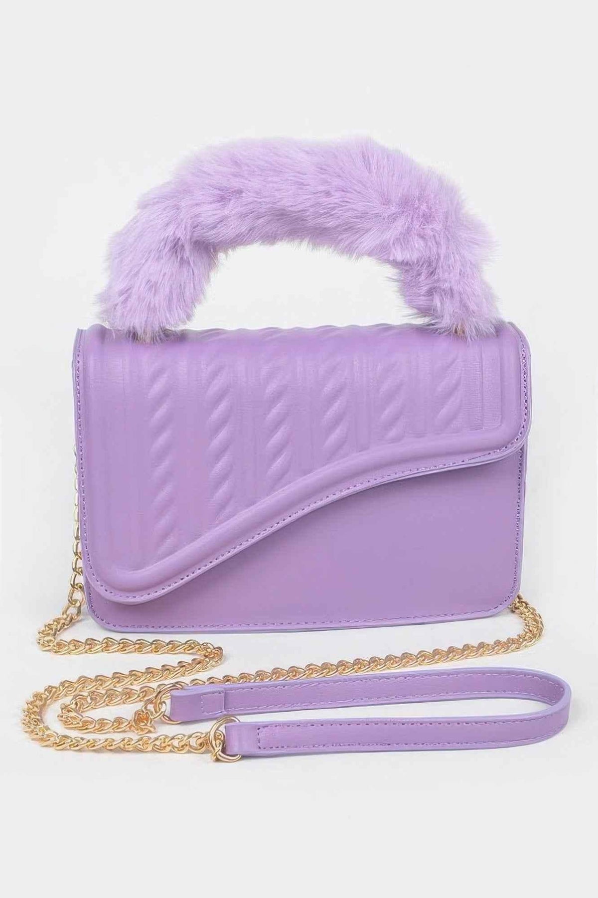 Furry Handle Textured Flap Bag