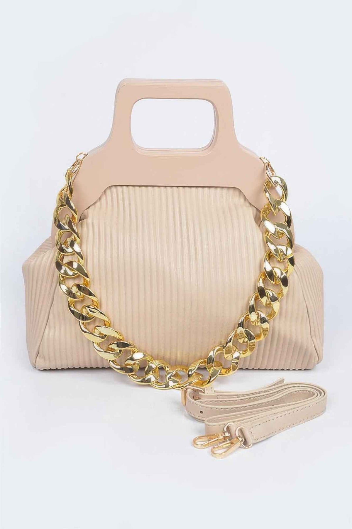 Pleated Wooden Handle Chain Bag