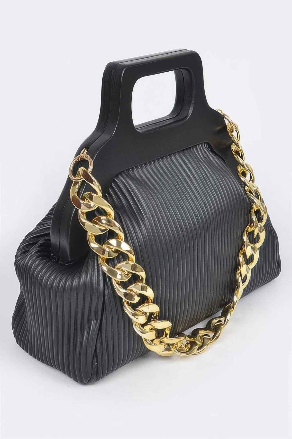 Pleated Wooden Handle Chain Bag