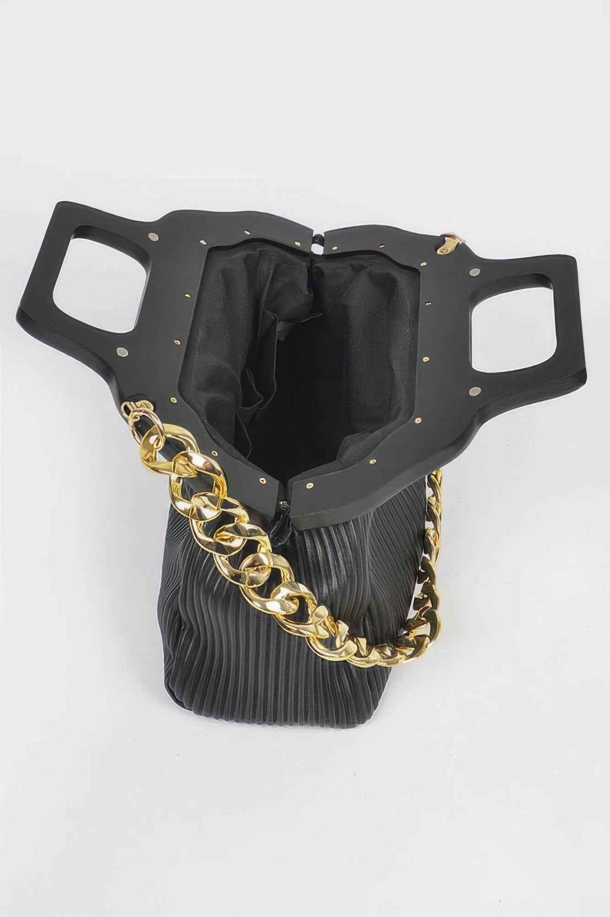 Pleated Wooden Handle Chain Bag