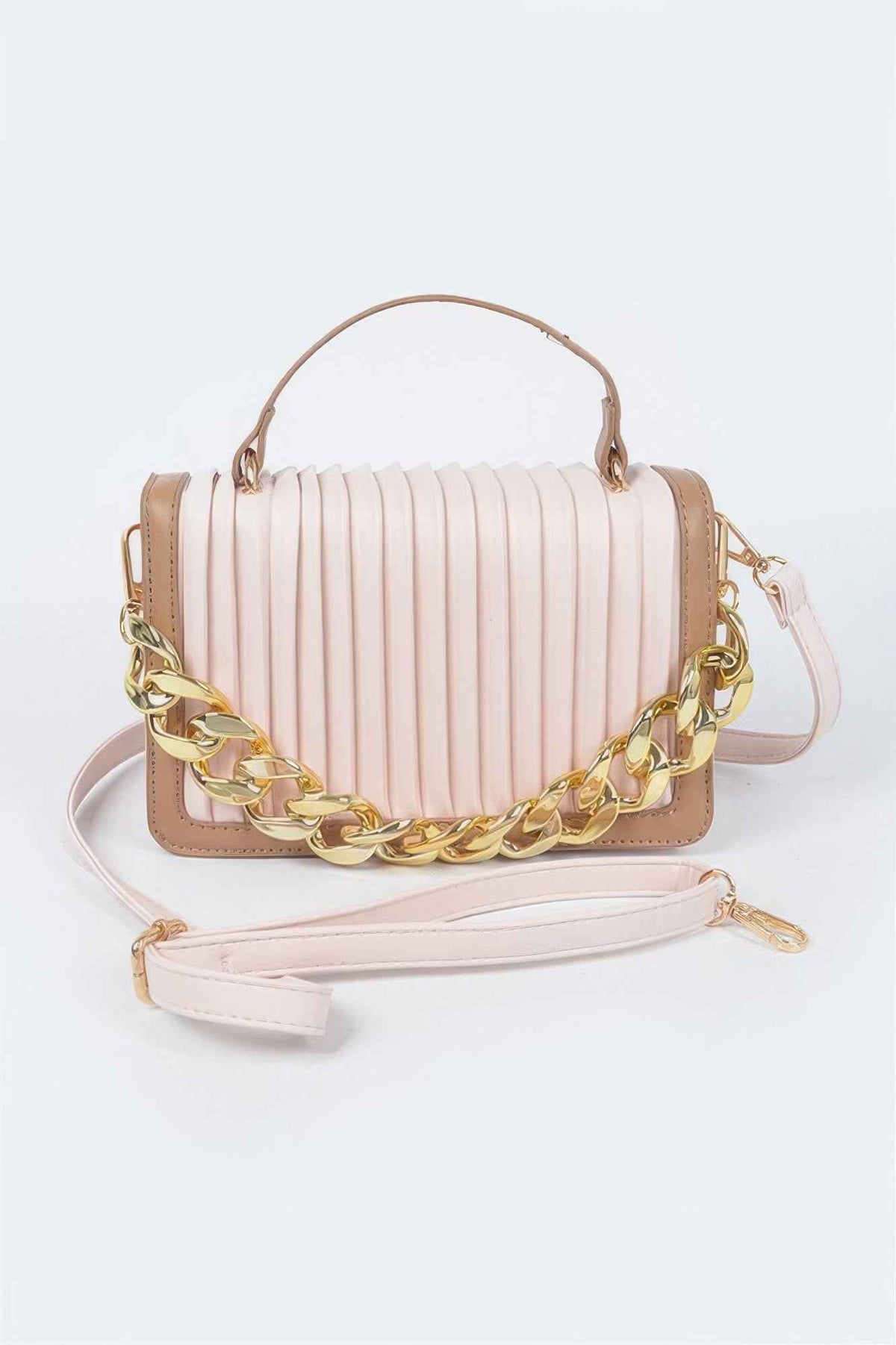 Pleated Faux Leather Color Chain Bag
