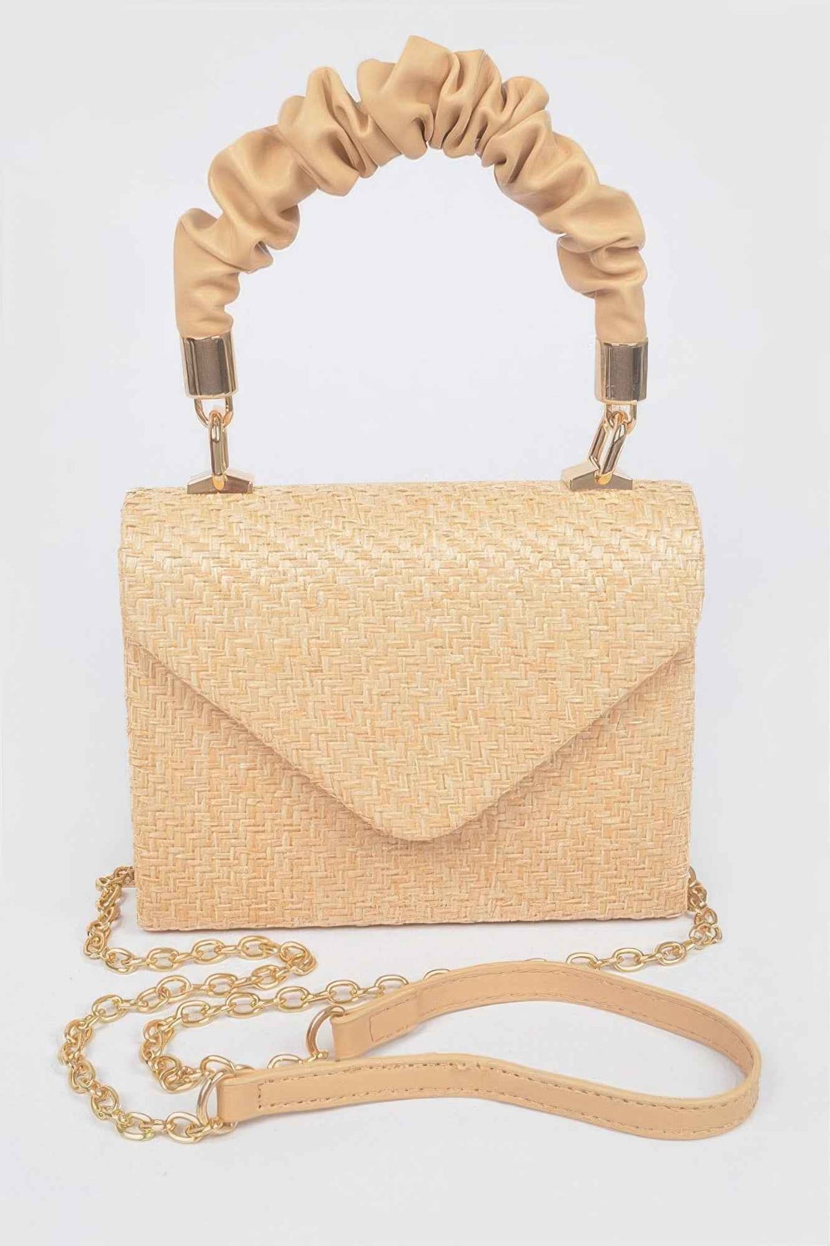 Faux Straw Top Handle Flap Bag