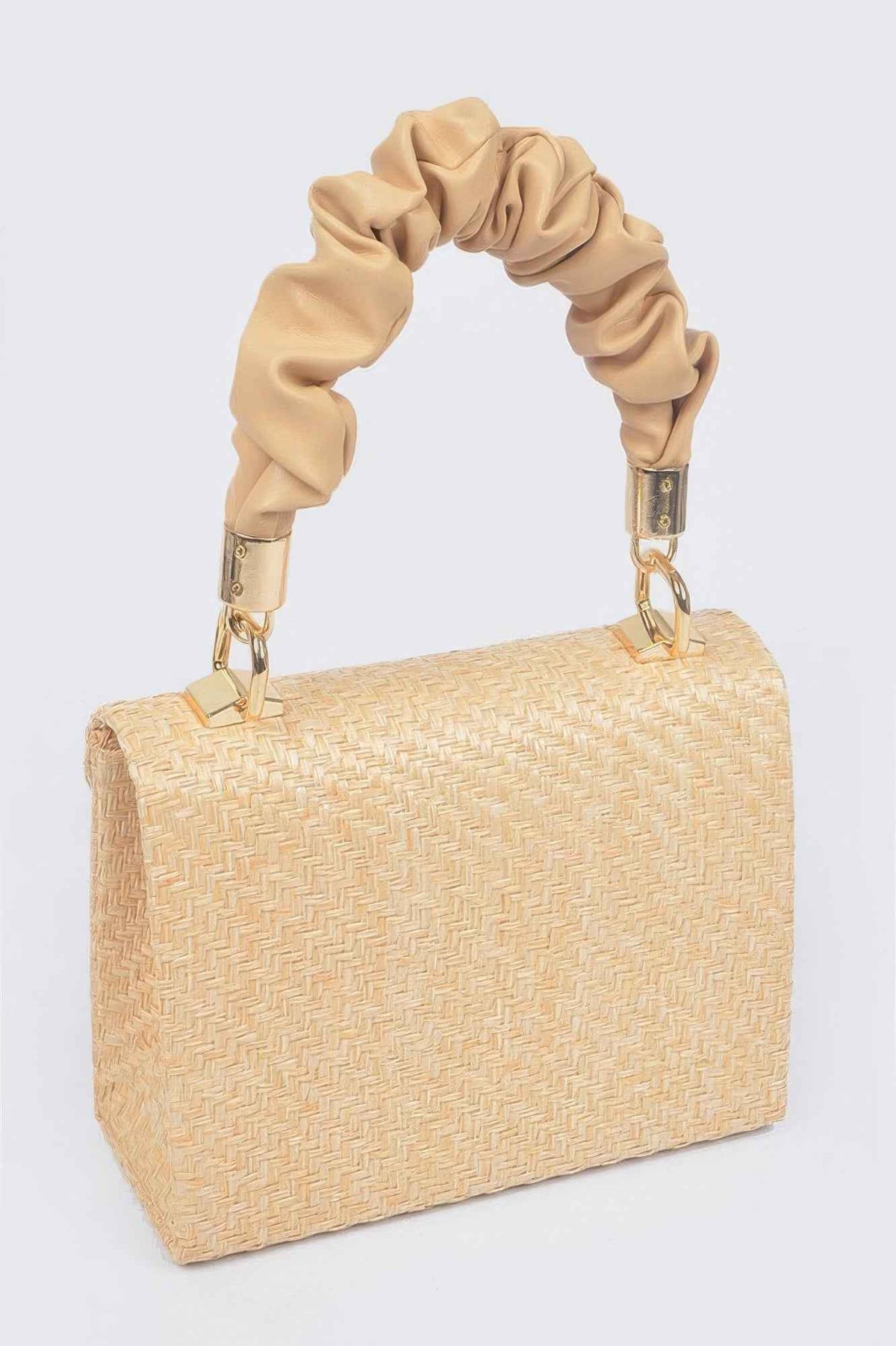 Faux Straw Top Handle Flap Bag