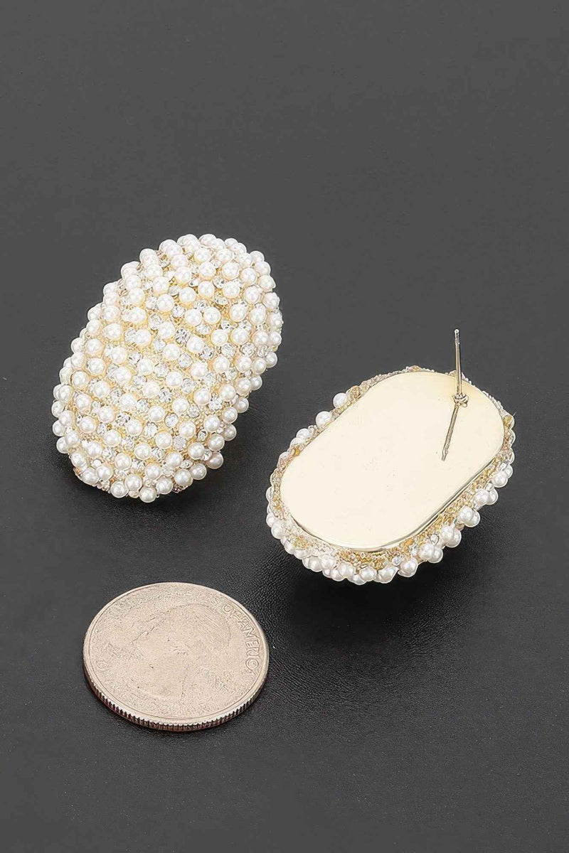 Oval Pearl Rhinestones Stud Earrings