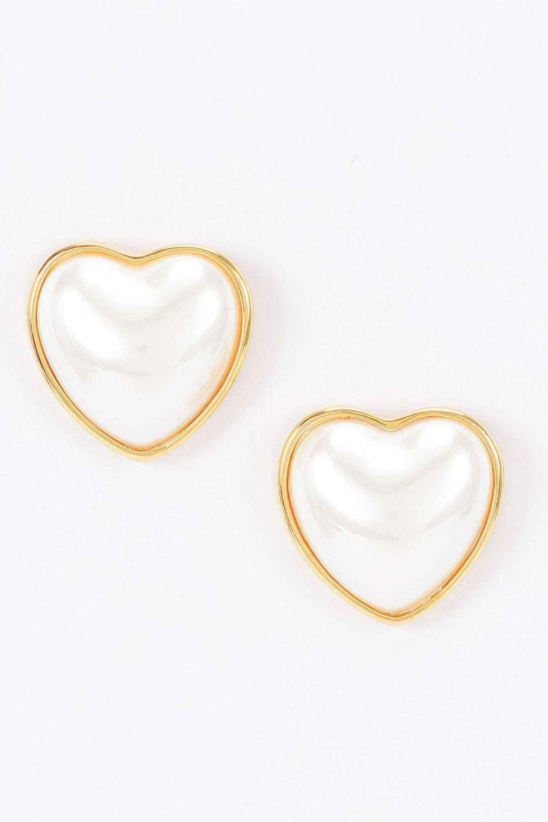 Heart-shaped Pearl Stud Earrings With Simple Metal Frame