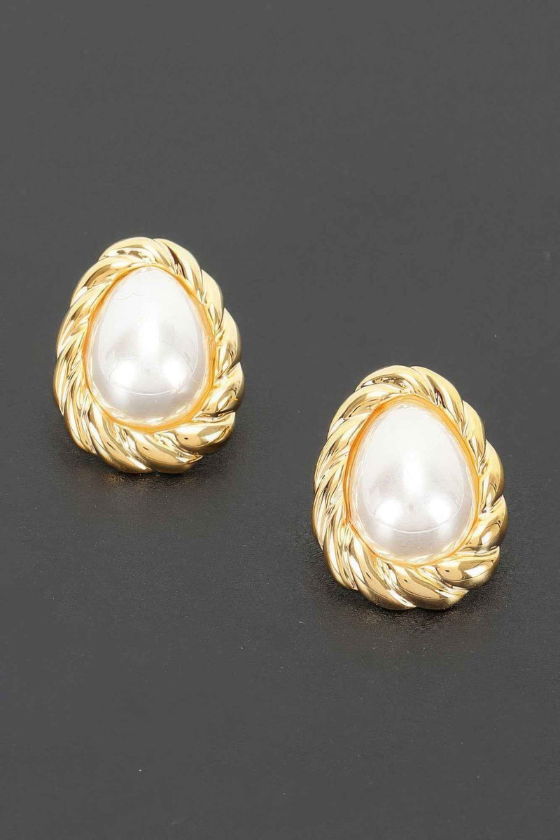 Teardrop Pearl Stud Earrings With Twisted Metal Frame
