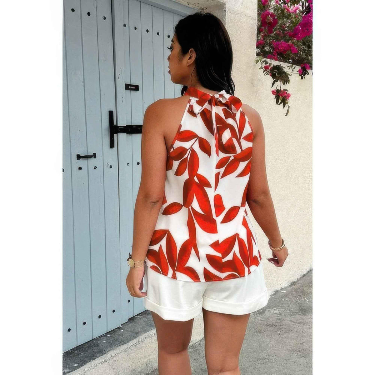 Plus Plant Print Halter Sleeveless Loose Blouse
