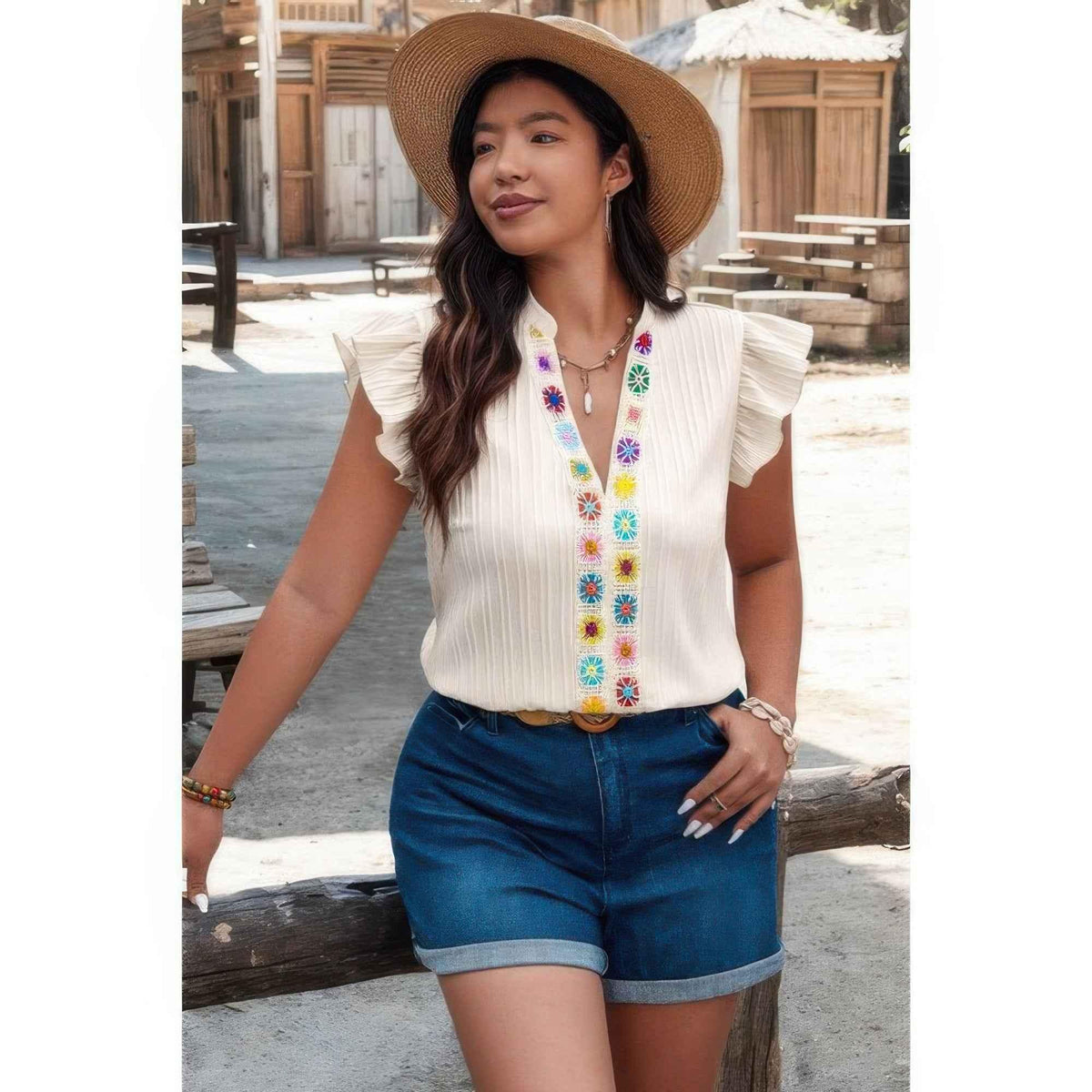 Plus Size Pleated Print V Neck Ruffle Fit Shirt