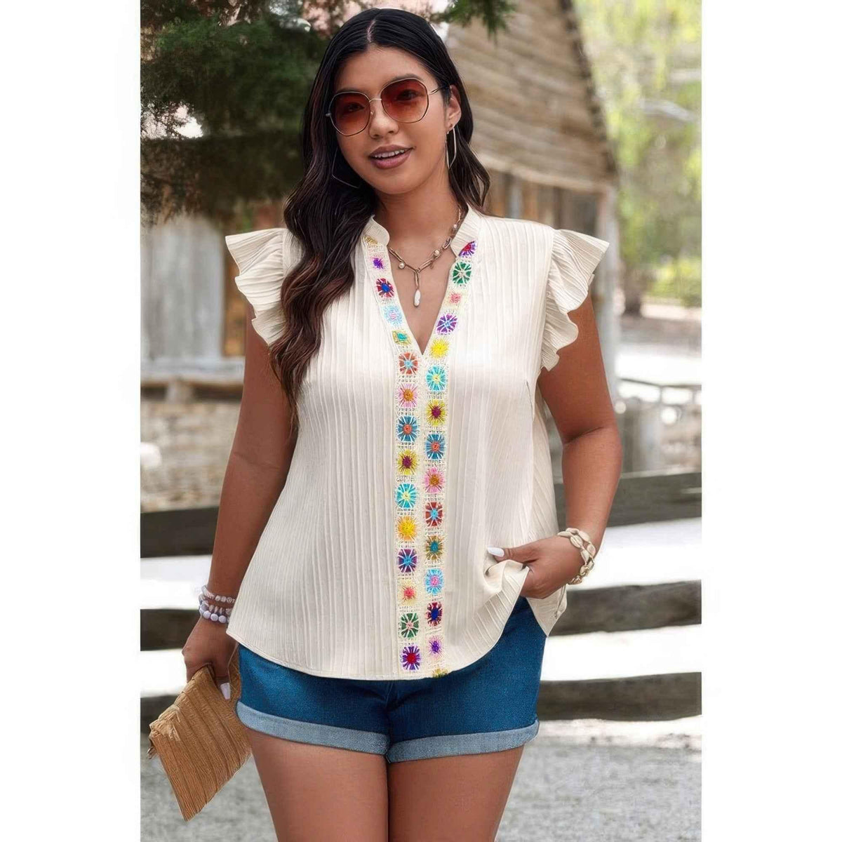 Plus Size Pleated Print V Neck Ruffle Fit Shirt