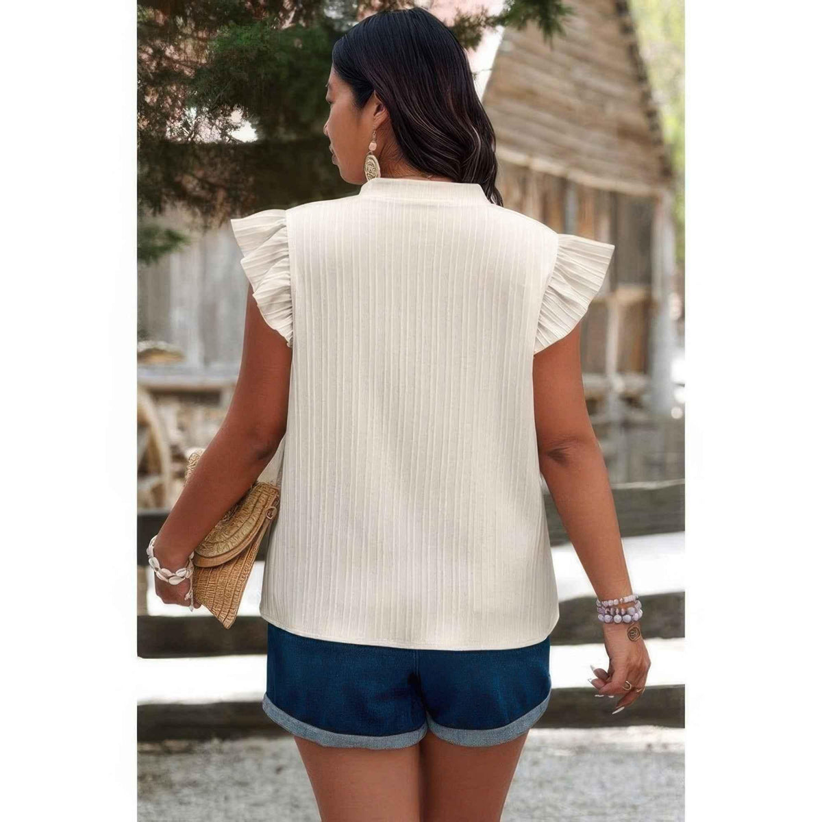 Plus Size Pleated Print V Neck Ruffle Fit Shirt