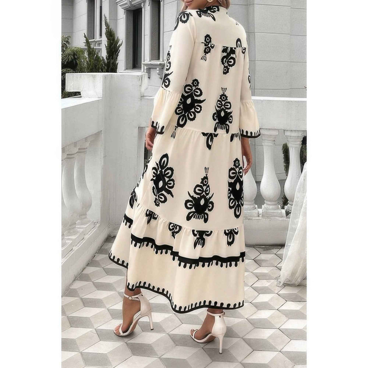 V Neck Stand Collar Button Floral Splicing Dress
