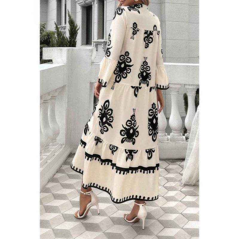 V Neck Stand Collar Button Floral Splicing Dress