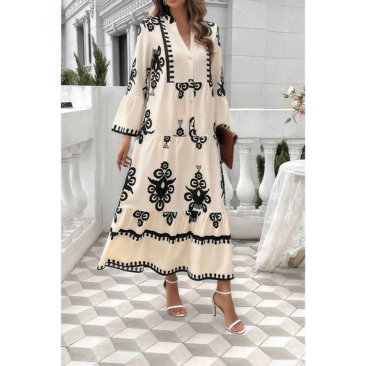 V Neck Stand Collar Button Floral Splicing Dress