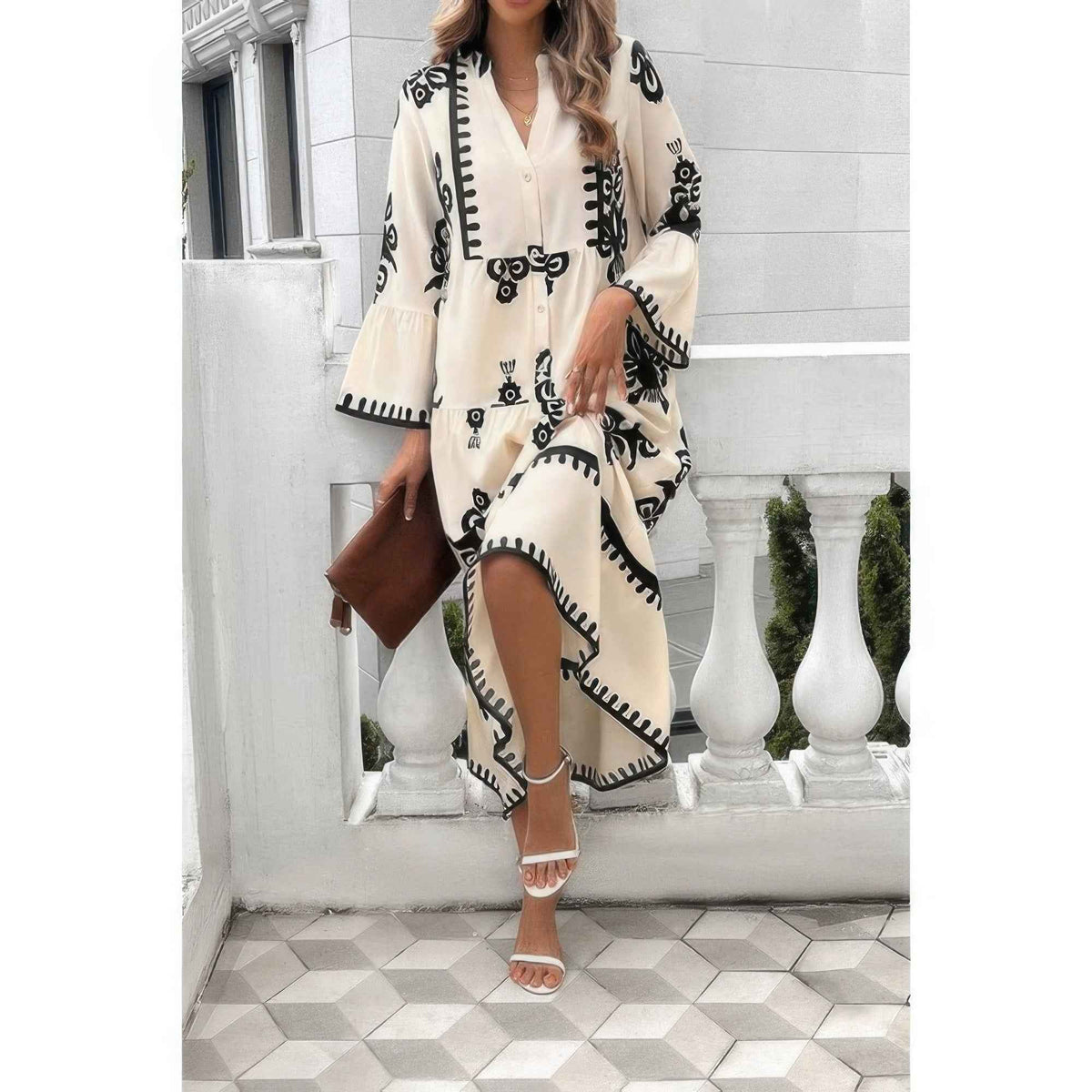 V Neck Stand Collar Button Floral Splicing Dress