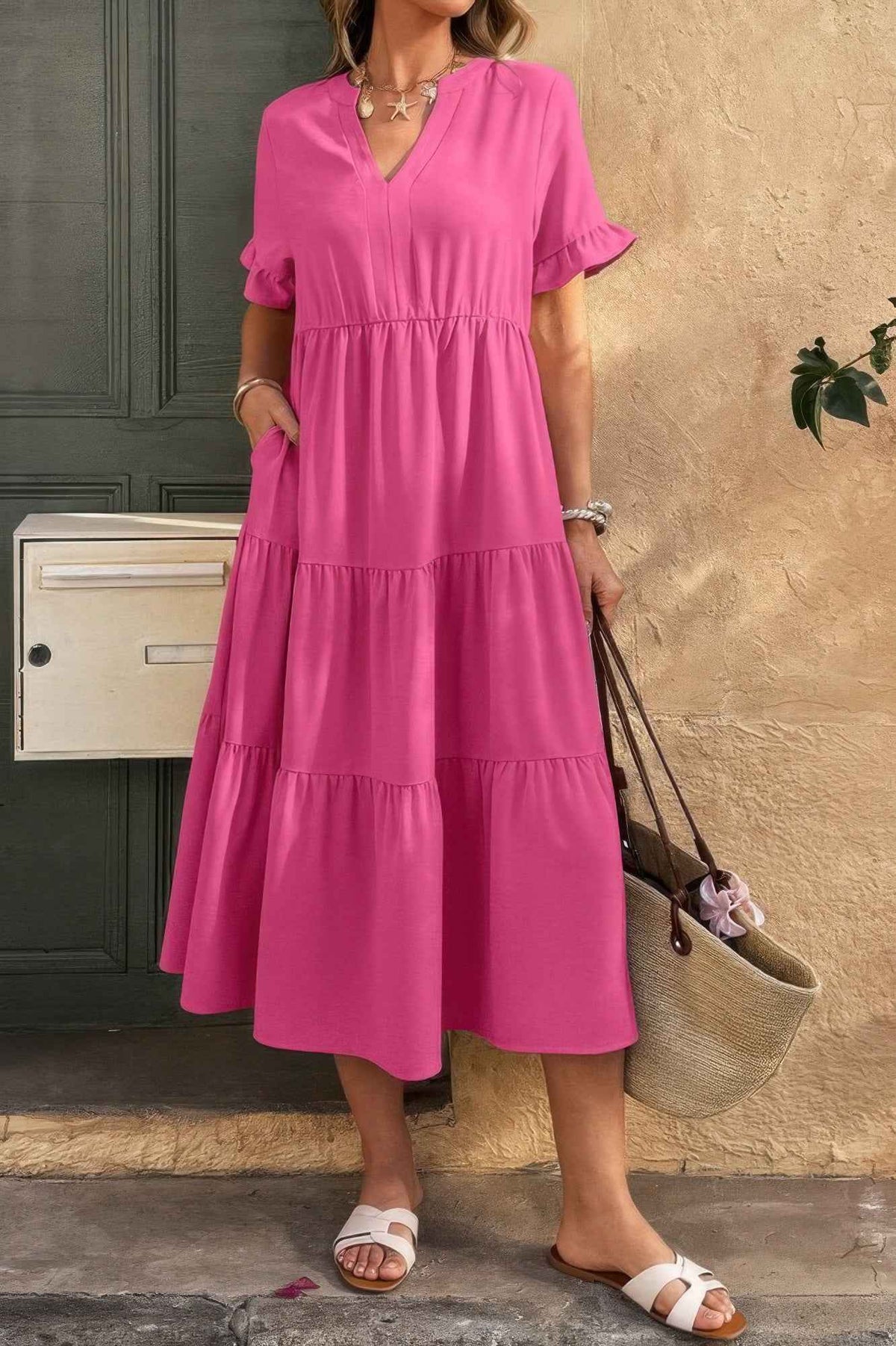 Solid A Line Ruffle Hem Color Block Dress
