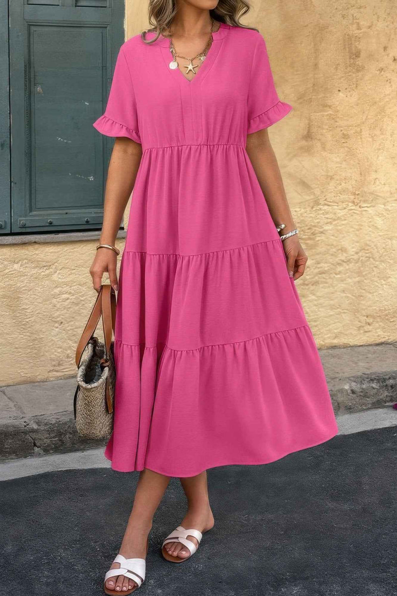 Solid A Line Ruffle Hem Color Block Dress