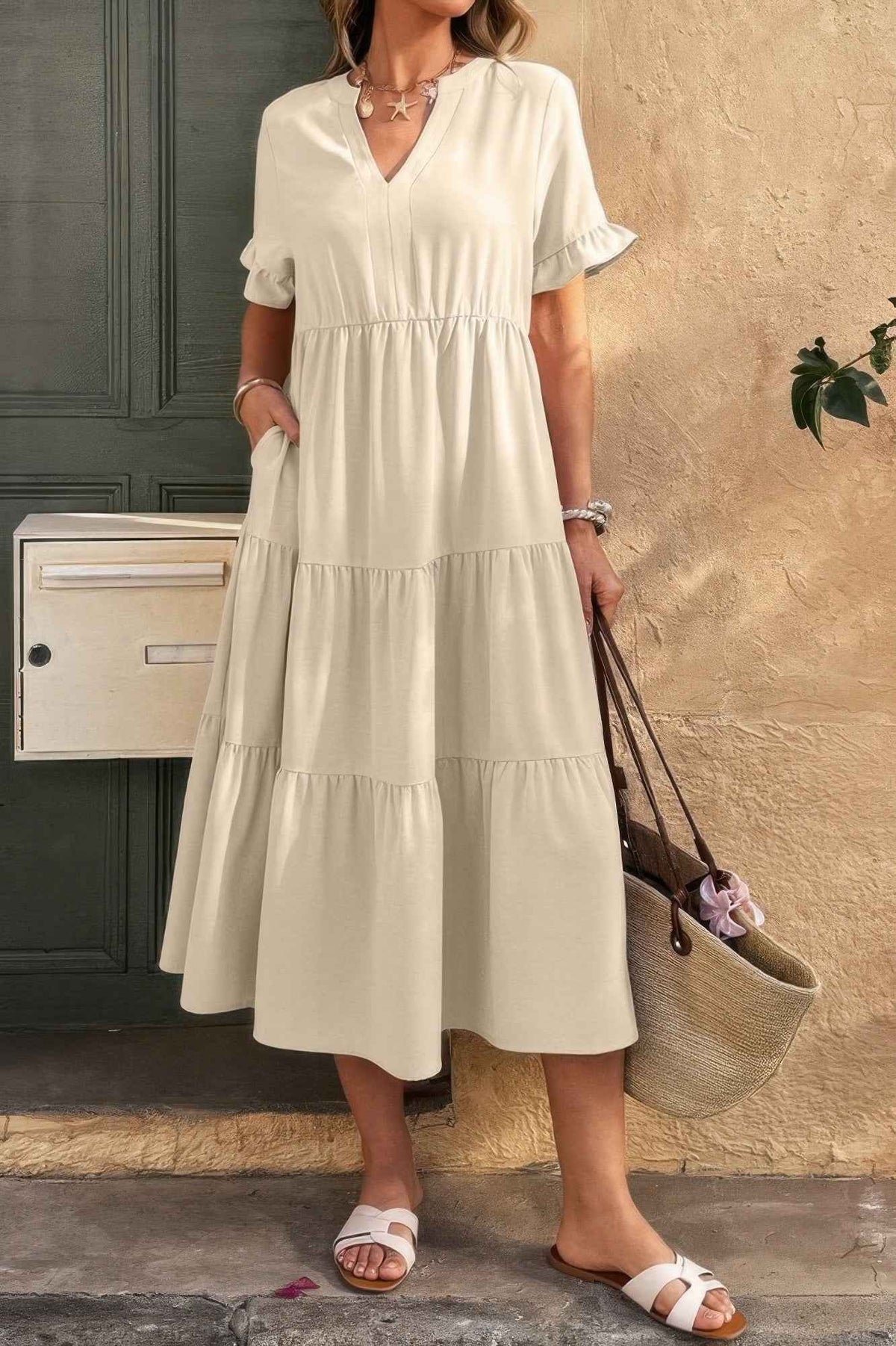 Solid A Line Ruffle Hem Color Block Dress