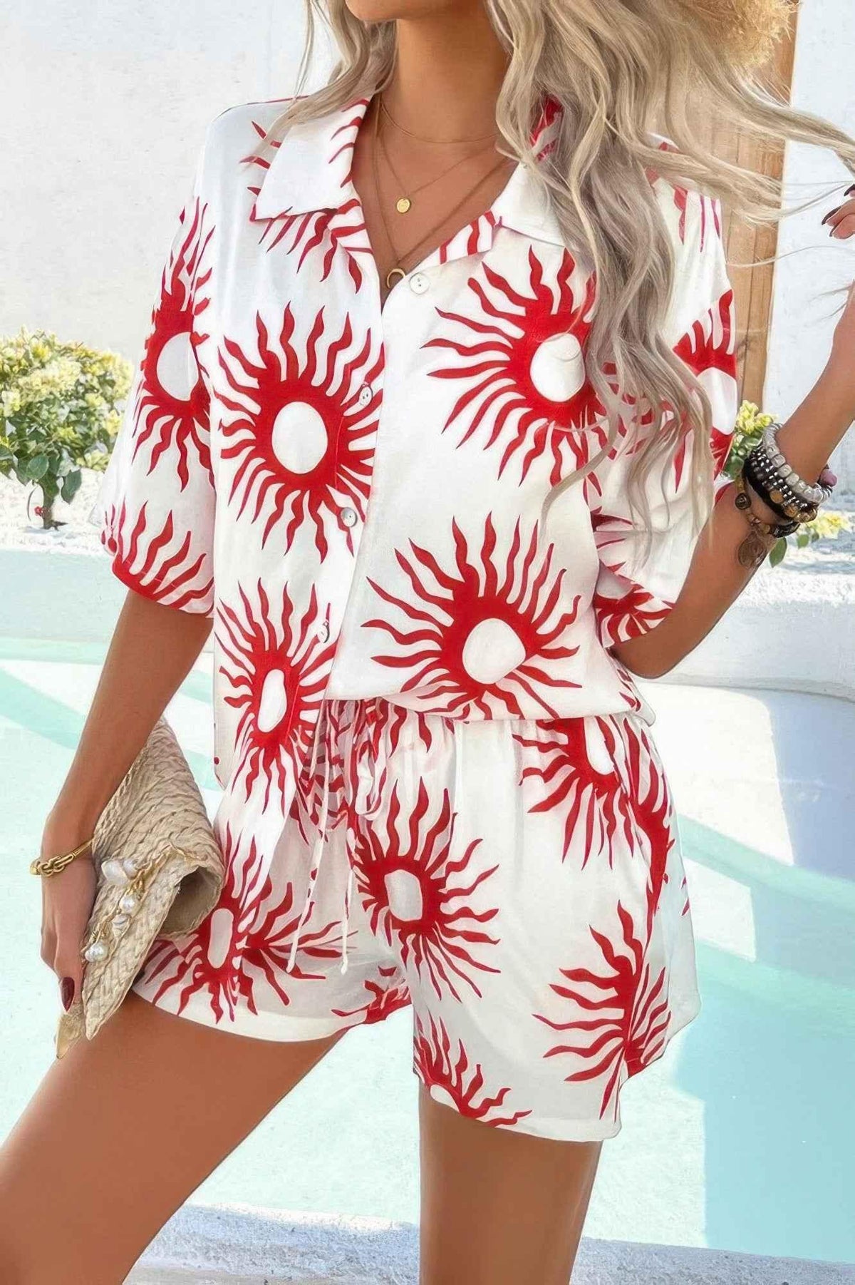 Two Pieces All Over Print Button Down Short Sets