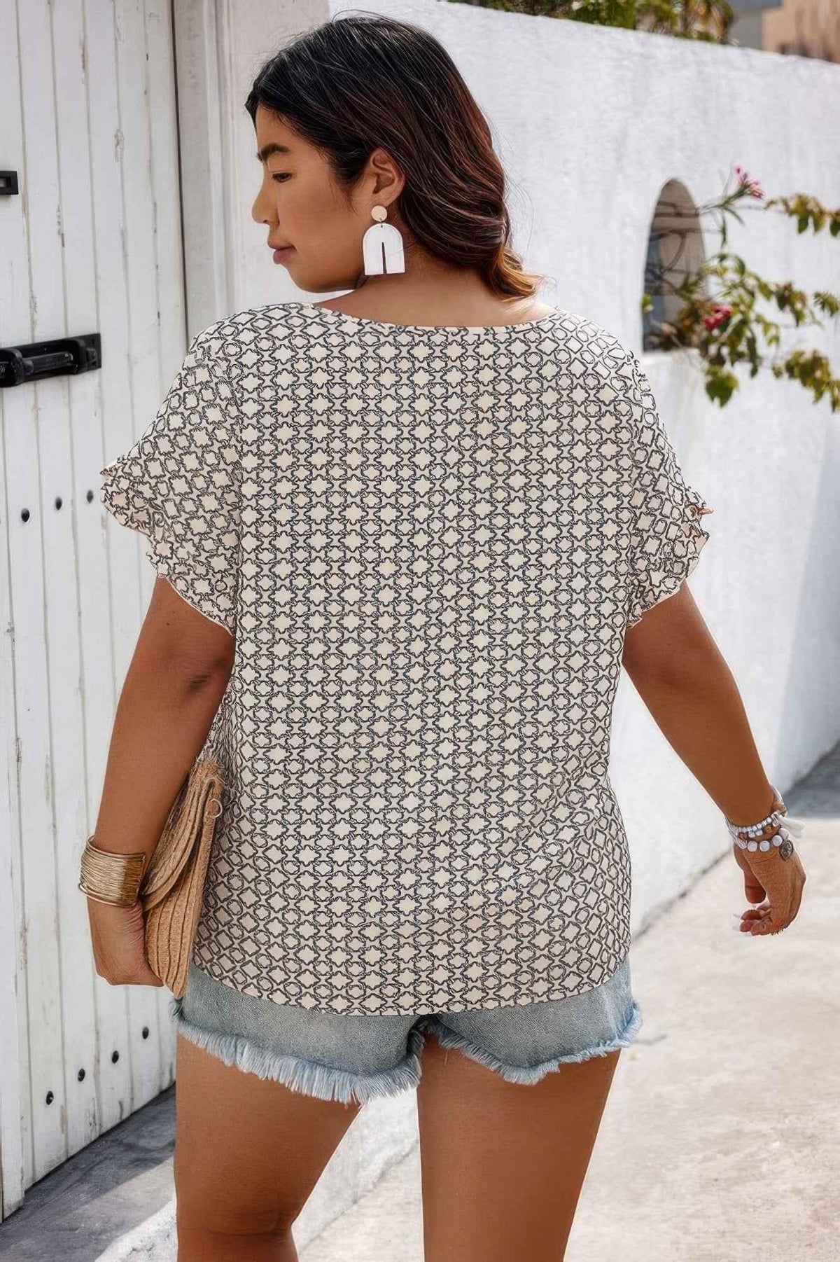Round Neck Allover Print Ruffle Sleeves Loose Top