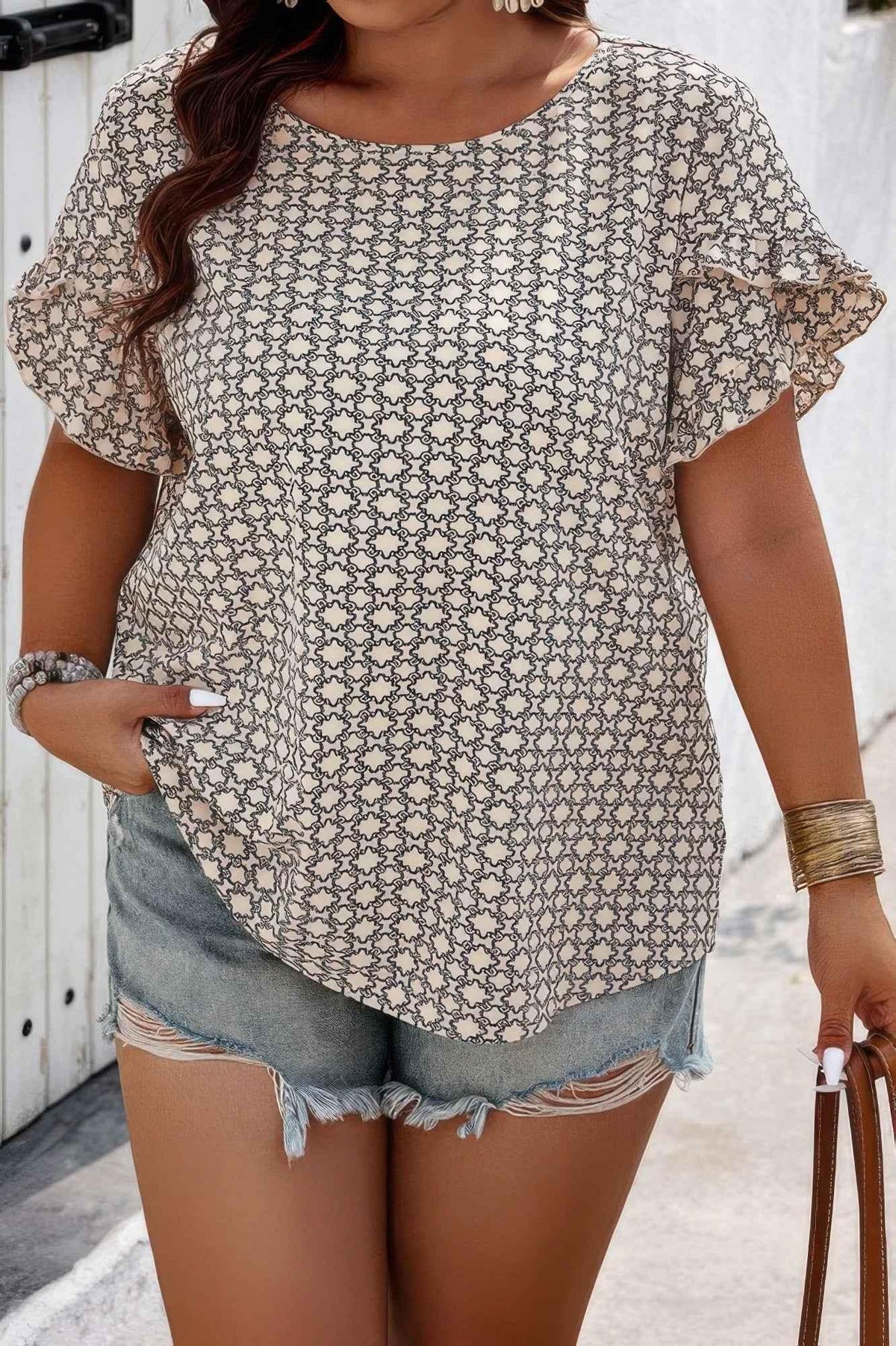Round Neck Allover Print Ruffle Sleeves Loose Top