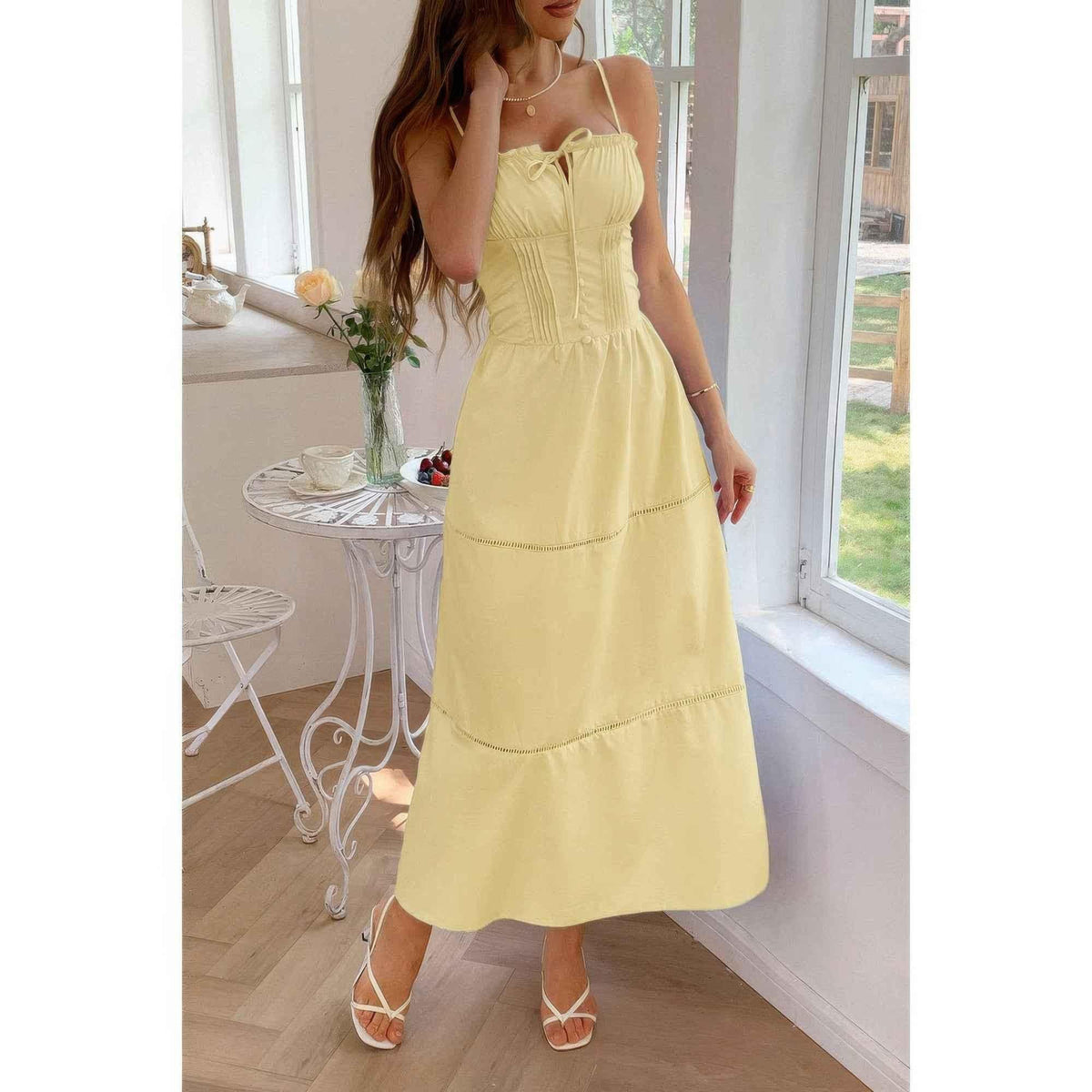 Solid Button Decor Pintuck Eyelet Shirred Dress