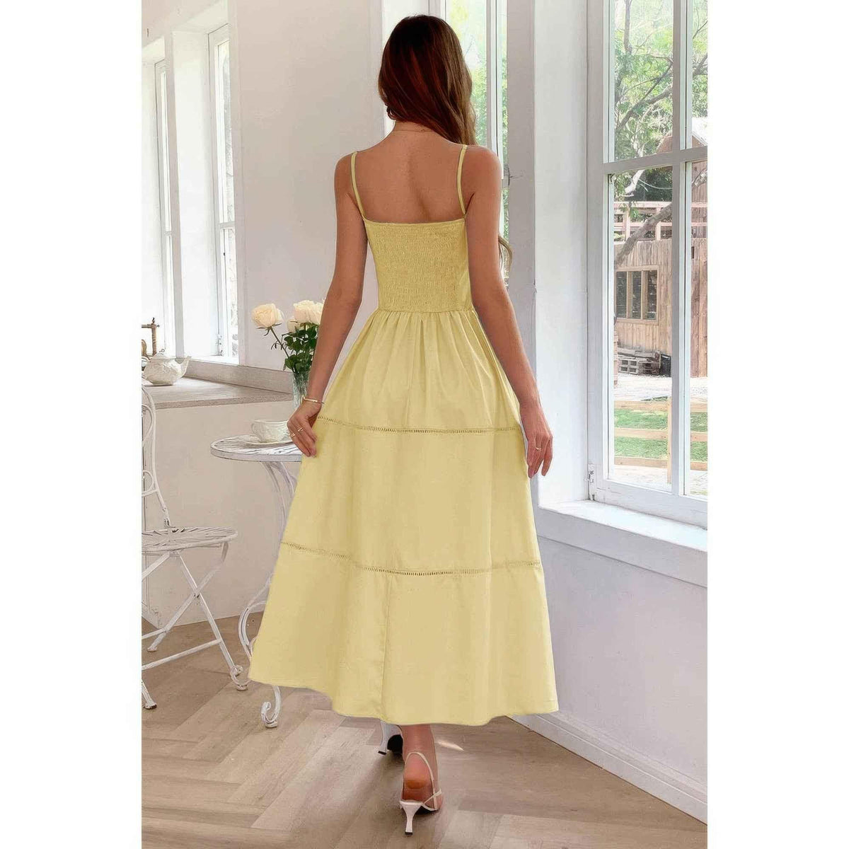 Solid Button Decor Pintuck Eyelet Shirred Dress