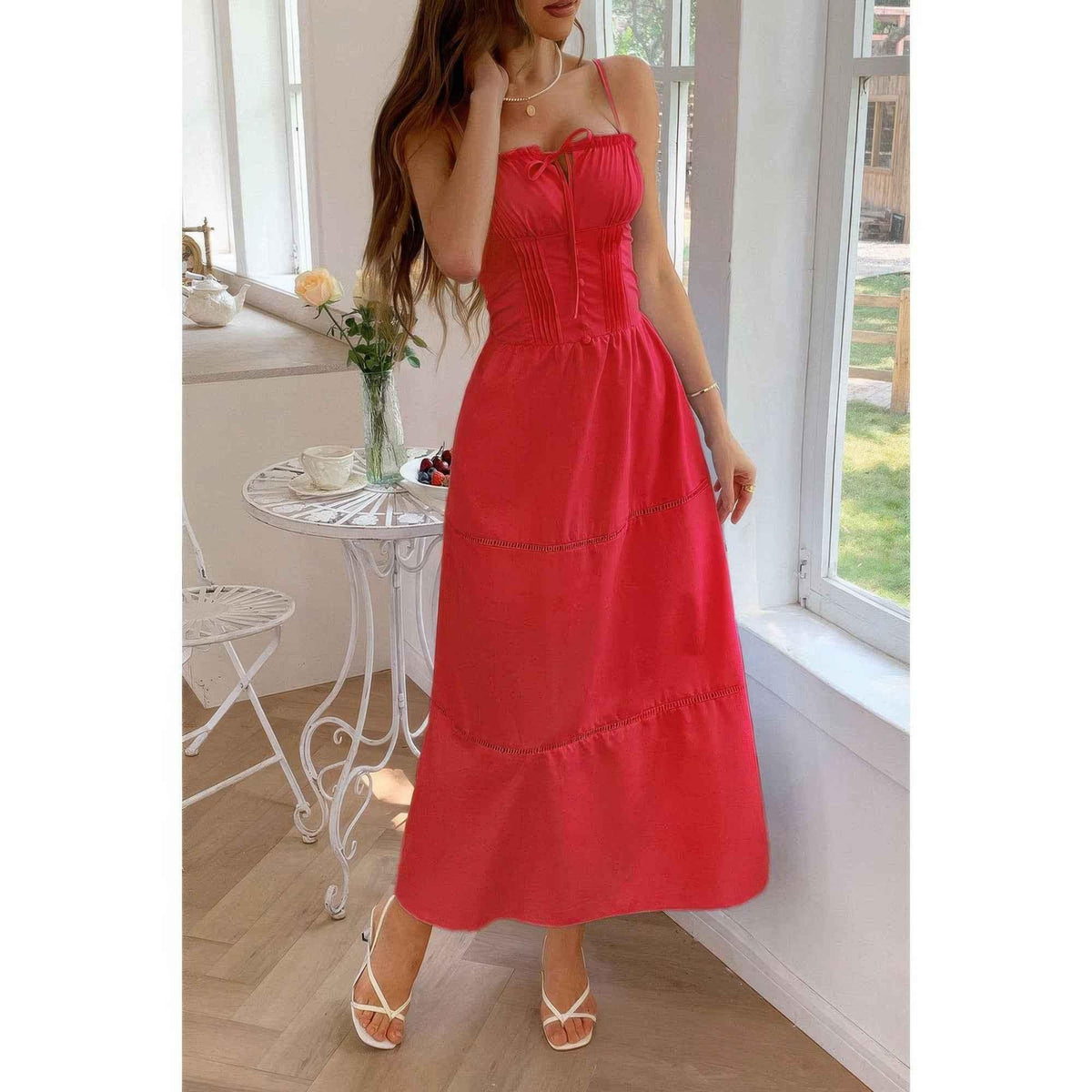Solid Button Decor Pintuck Eyelet Shirred Dress