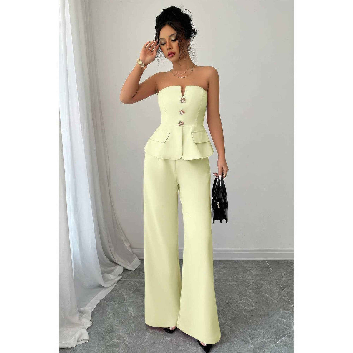 Off Shoulder Waist Cinched Wide Leg Sets
