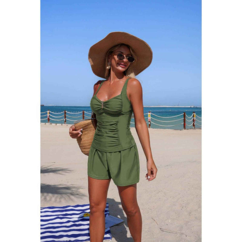 Two Piece Solid Sling Pleated Pocket Stretch Swimsuit