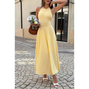 Halter Solid Dropped Hem Midi Dress