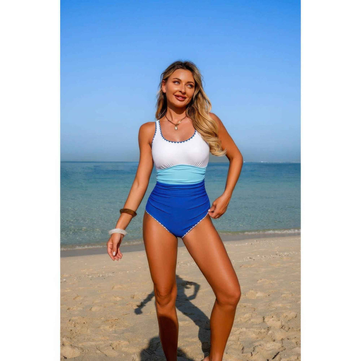 One Piece Color Block U Neck Stretch Swimsuit