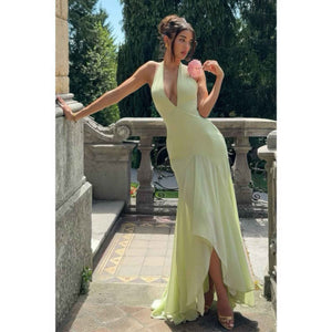 Solid Halter Deep V Backless Maxi Tulle Dress