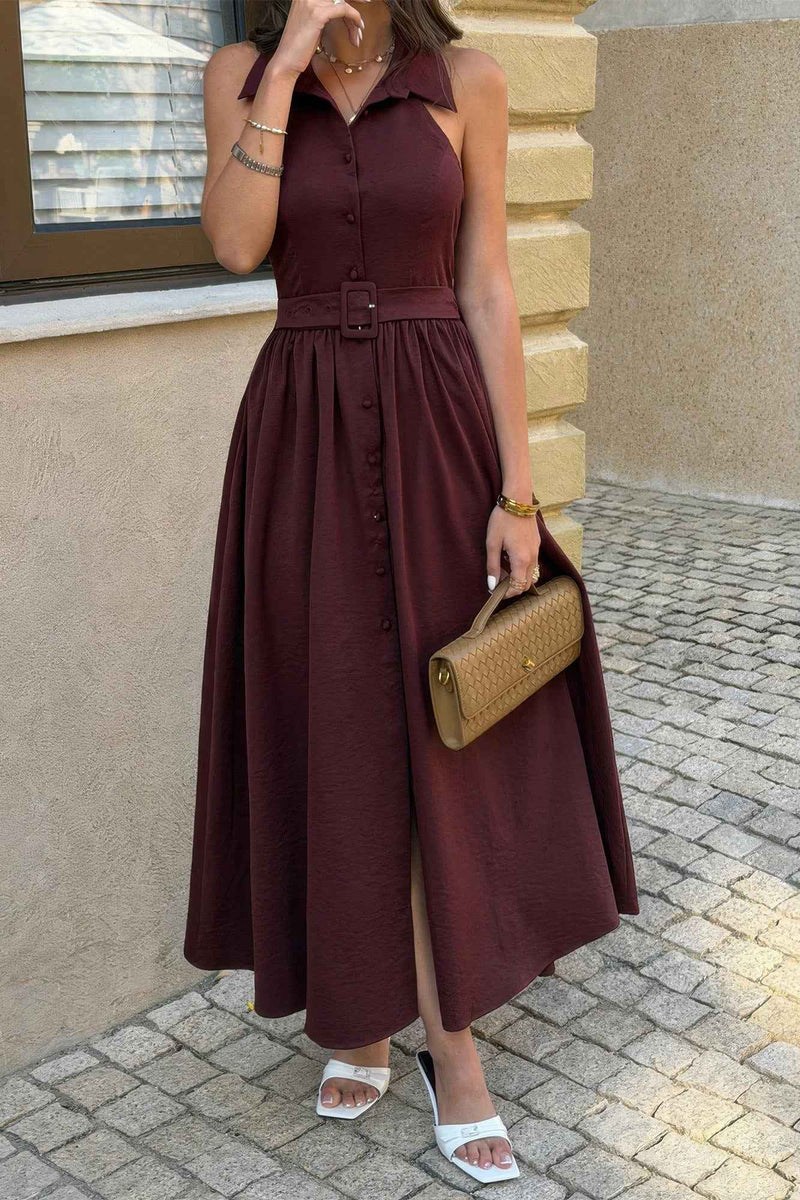 Collared Belt Sleeveless A Line Midi Dress