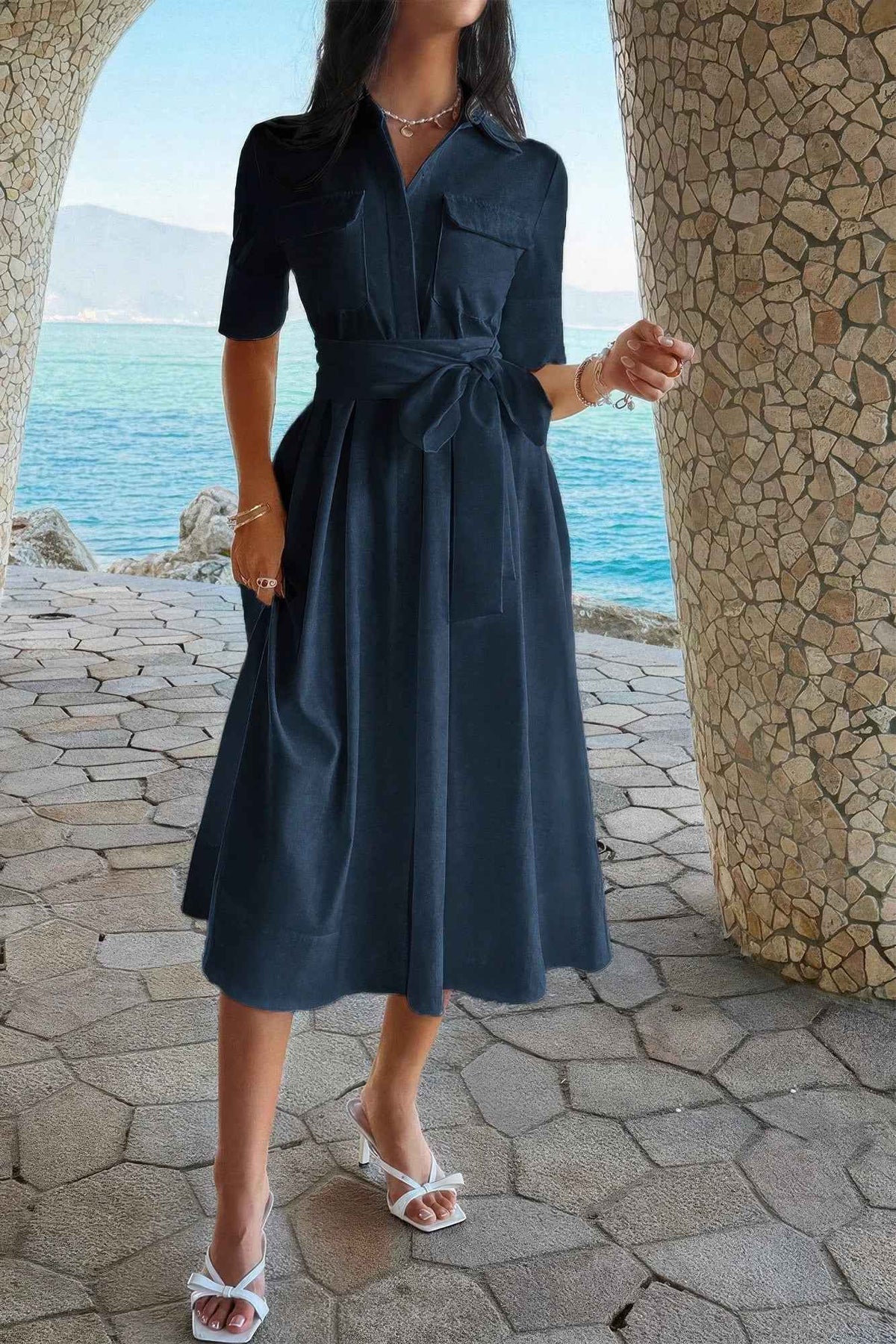 Solid Pocket Turn Down Collar A Line Dress
