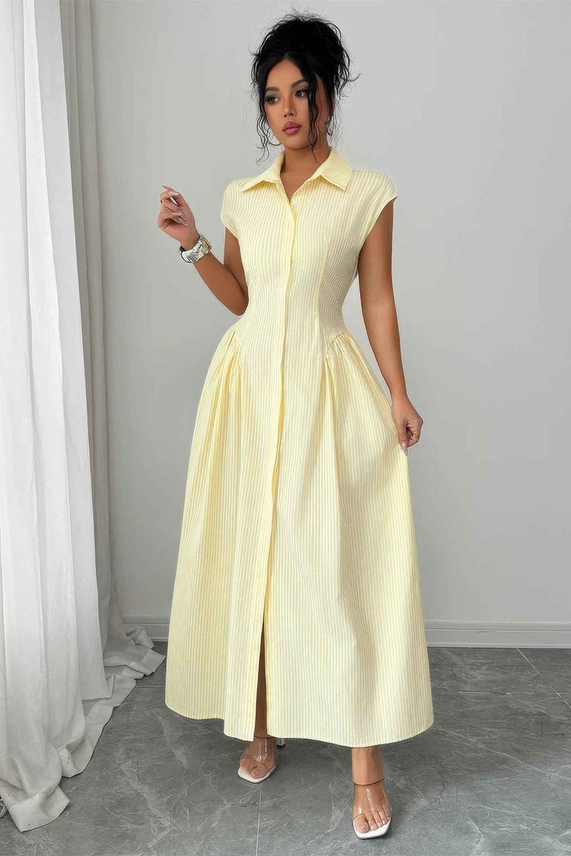 Front Slit Collar Cap Sleeve Ruched Waist Long Dress