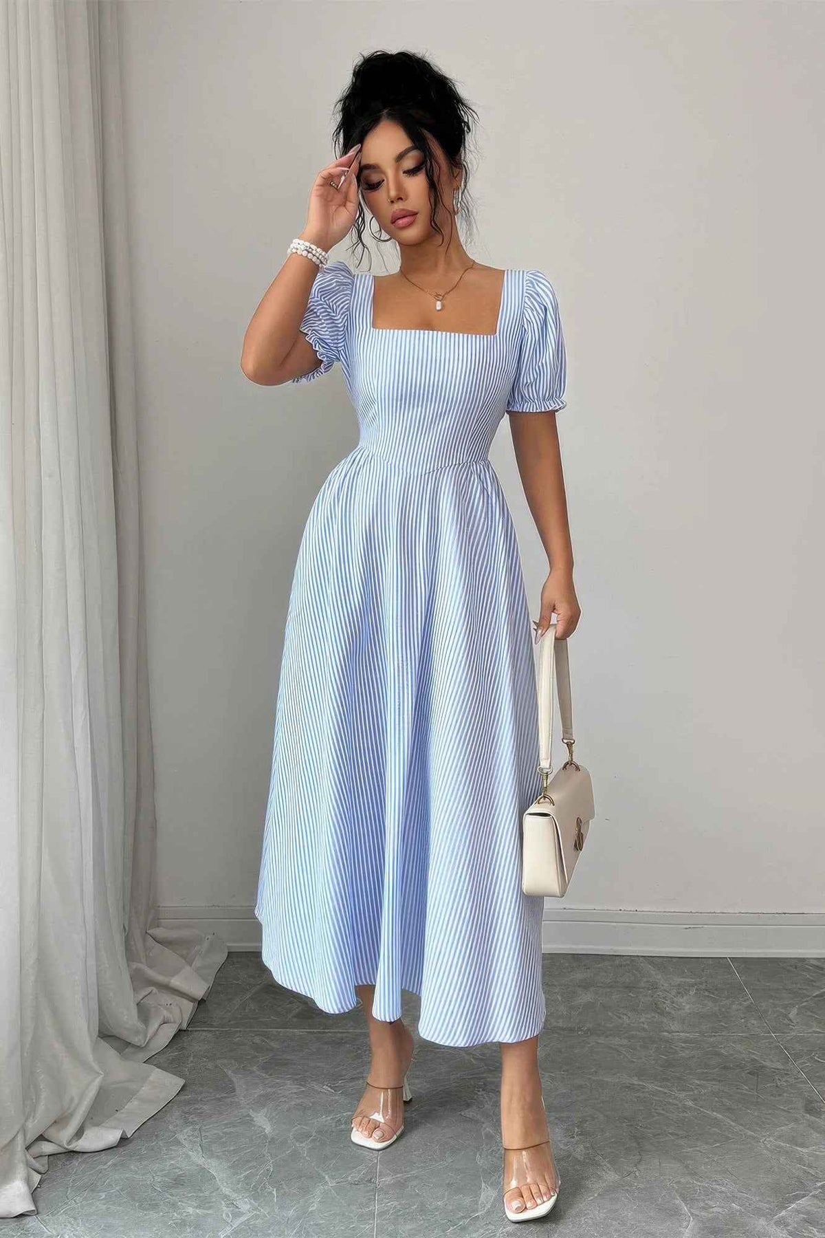 Square Neck Puff Sleeve Backless Bow Tied Striped Flowy Dress