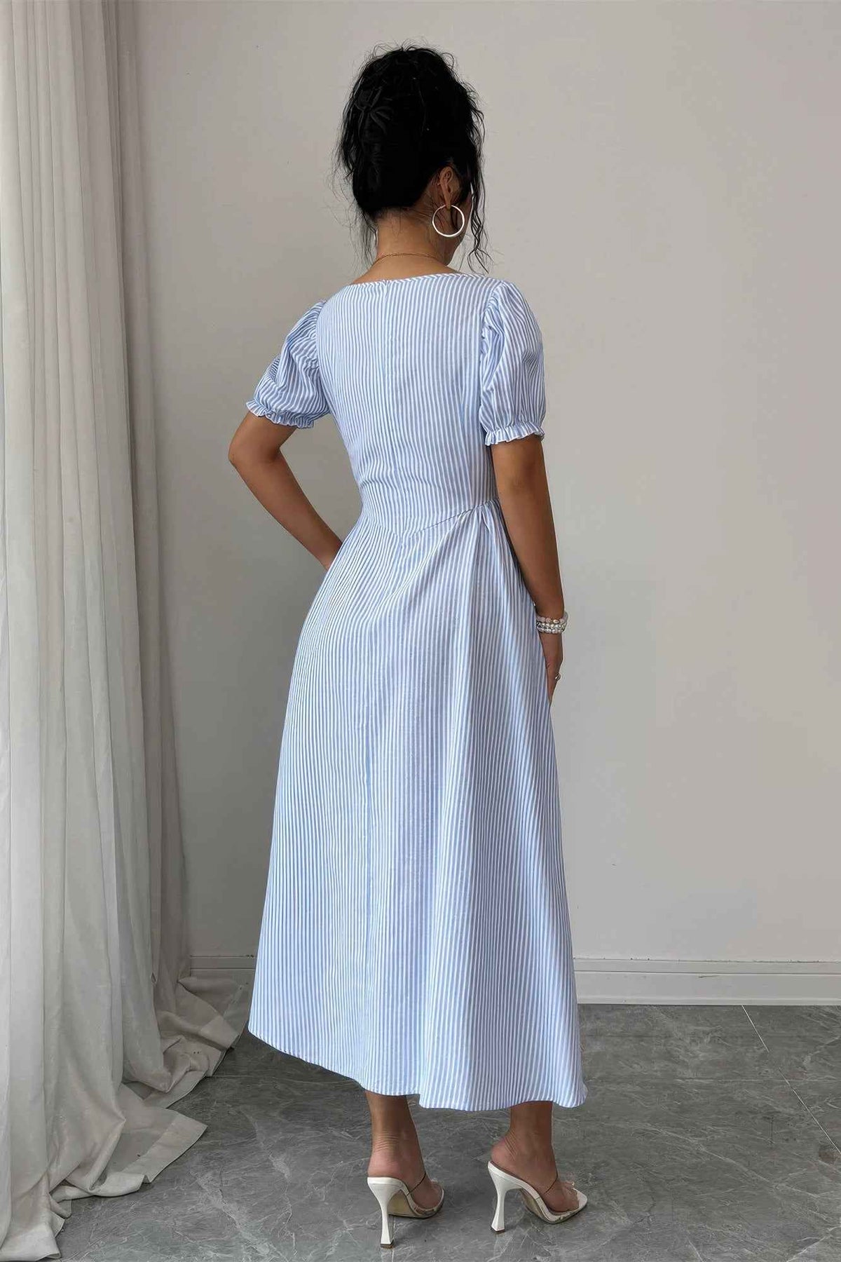 Square Neck Puff Sleeve Backless Bow Tied Striped Flowy Dress