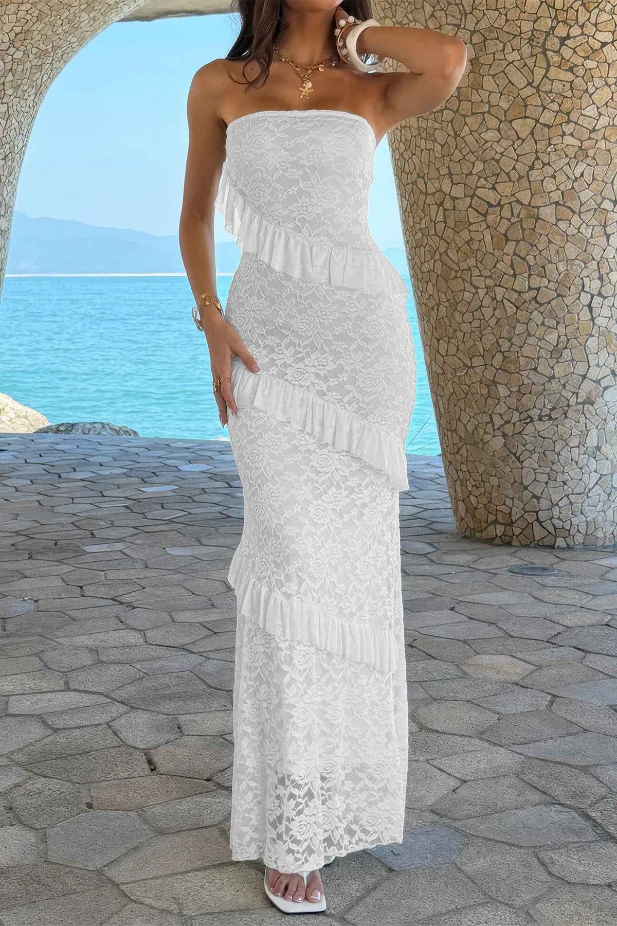 Solid Off Shoulder Bodycon Lace Maxi Dress