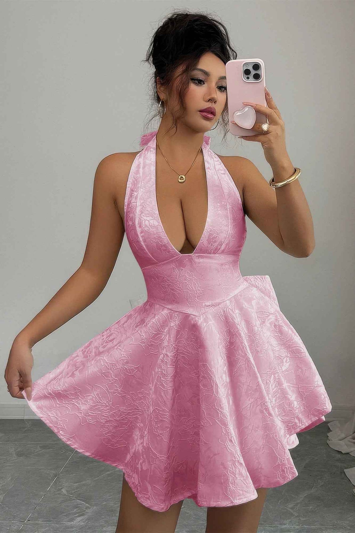 Halter V Neck Back Cross Knot Embroidery Dress