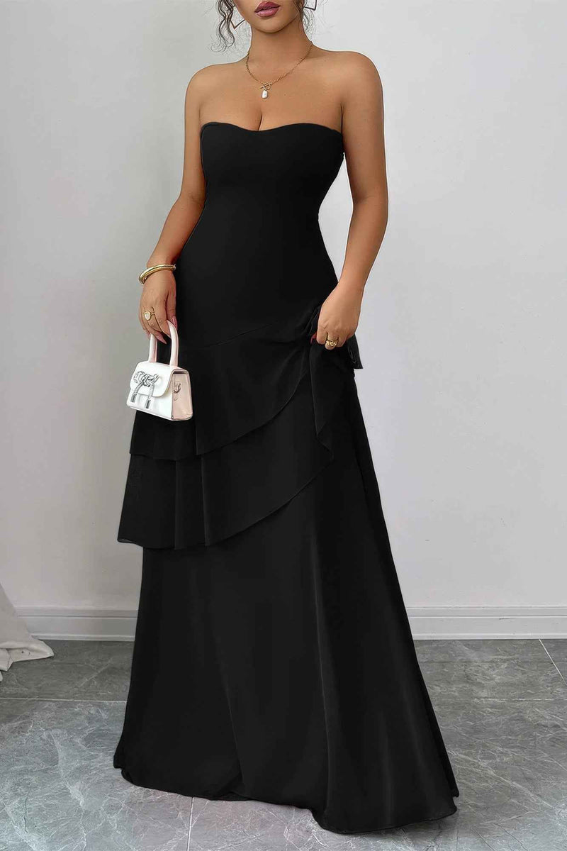Off Shoulder Cross Back High Waist Layer Maxi Dress