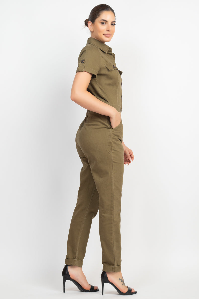 Collared Button-front Jumpsuit