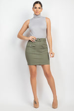 Belted Pocket Solid Mini Skirt