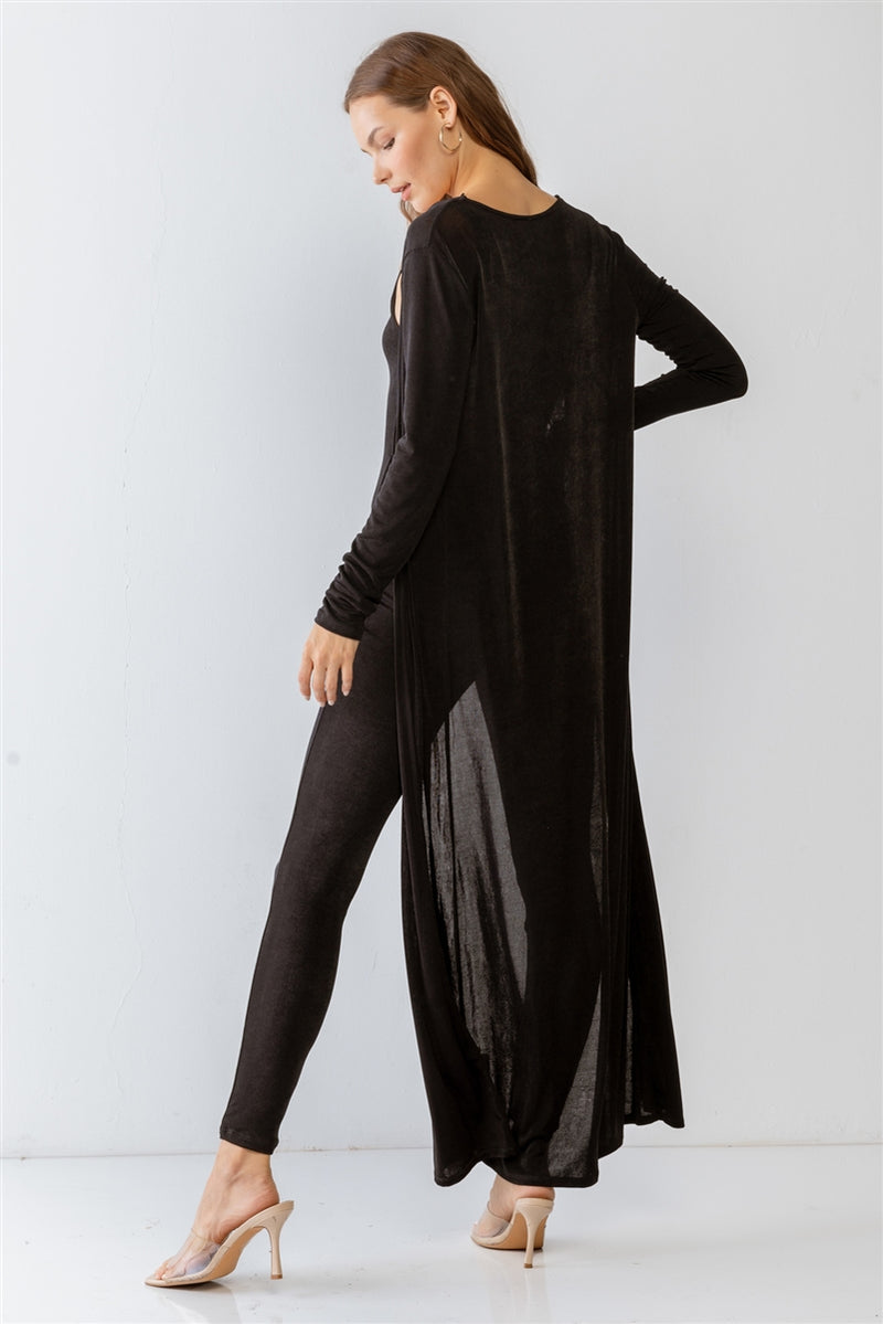 Black Sleeveless Cut-out Detail Slim Fit Jumpsuit & Open Front Long Sleeve Cardigan Set