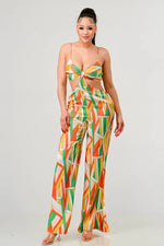 Luxe geo print satin bra top and palazzo jumpsuit
