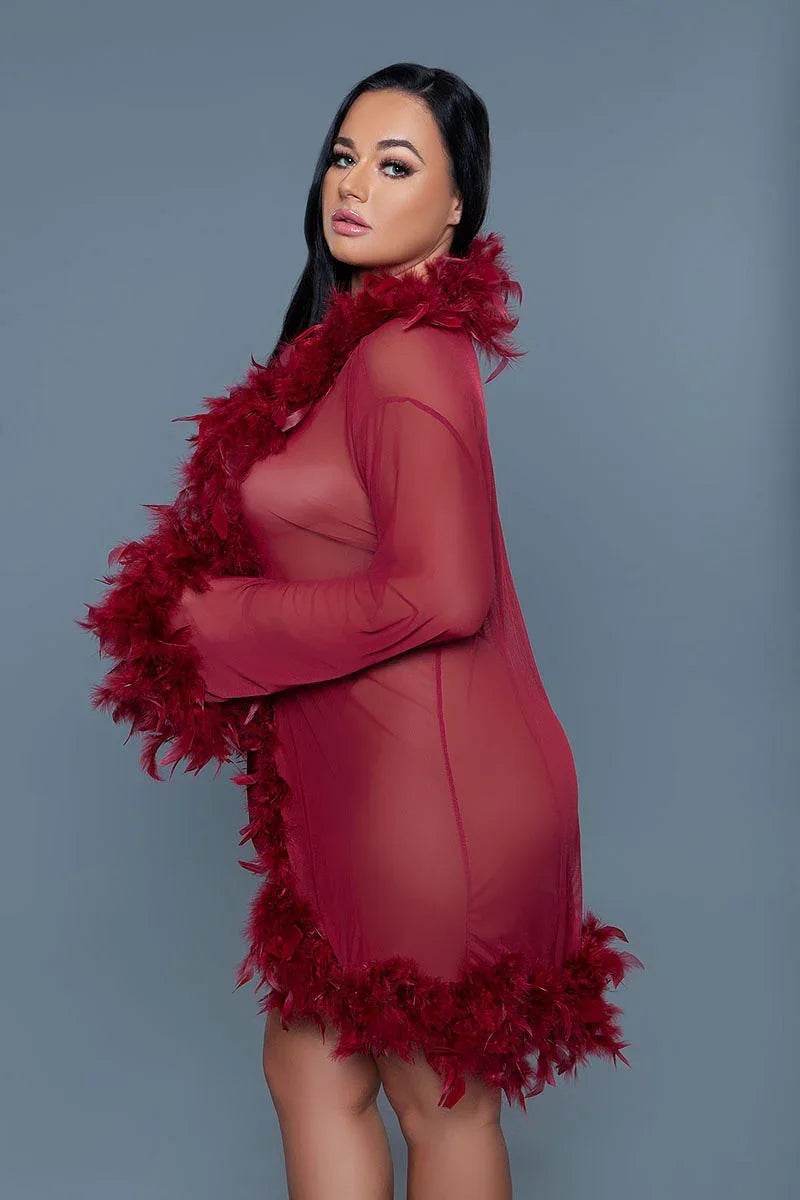 Knee Length Feather Robe With Ribbon Ties - CABRALLY
